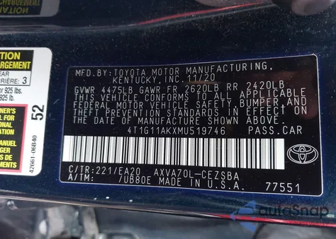 2021 Toyota Camry Se z USA, uszkodzony, nr VIN 4T1G11AKXMU519746